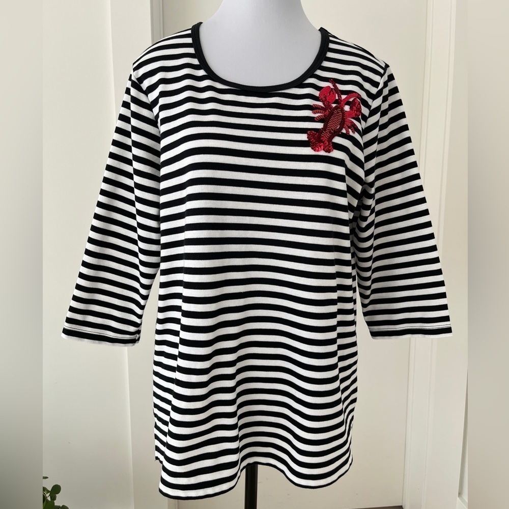QUACKER FACTORY Striped 3/4 Sleeve Popover Shirt Nautical Sequin Lobster Detail